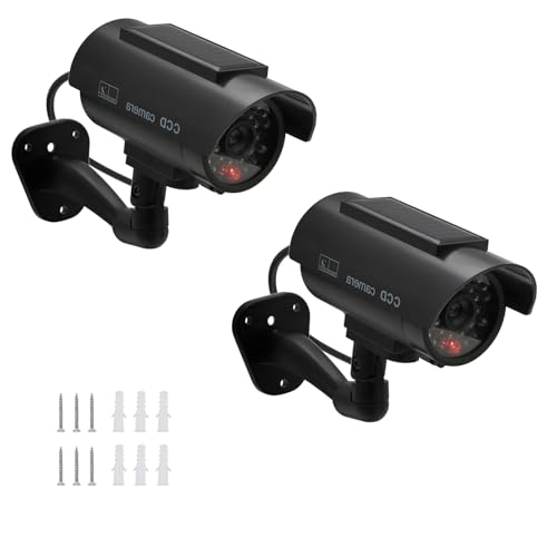 Twilight Garage Dummy Camera, 2 Pack Solar Powered Bullet Simulated CCTV Fake Security Cameras with Flashing Red LED Light & Warning Security Alert Sticker, Indoor Outdoor Use(Black)