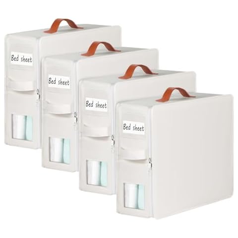 KEEGH Bed Sheet Organizers and Storage, 4 Pack Linen Closet Organizer for Bedding, Sheets Set Folder Organizer with Window& Zipper, Bed Sheet Storage Organizer for Bedsheets, Duvet Cover - Beige Cover