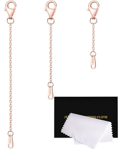 Extenders Chain Necklace Rose Gold Plated Sterling Silver Extender for Necklaces Lobster Claw Clasps Chain Extender Necklace 3 Piece Set, 1