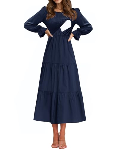 Women's Nursing Dress Flounces Long Sleeve Crew Neck Smocked Bodice Ruched Elastic Waist Tiered Midi with Pockets