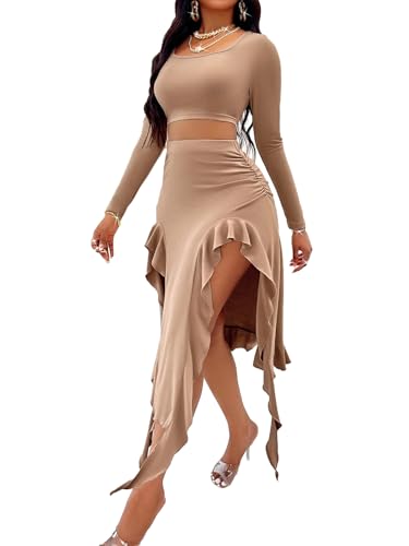 Image of BARASA Women Summer 2 Piece Skirt Sets Comfy Ruffle Trim Irregular Split Sexy Y2k Club Party Tops Jellyfish Skirt Suits S69