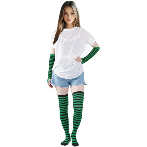 Image of Tongcloud Women's Striped Knee High Socks, Over Knee Thigh High Socks, Arm Warmer and Fingerless Gloves Set