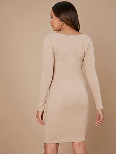 Makemechic Women's Maternity Dress Long Sleeve V Neck Tie Front Pregnancy Bodycon Midi Dress Apricot S #TOP1