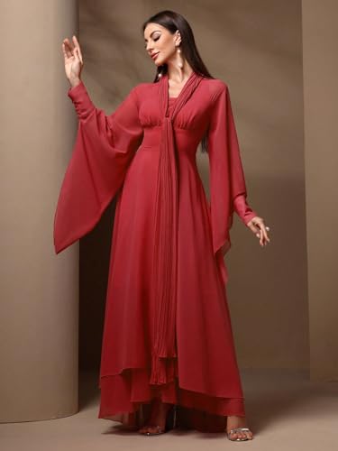 Image of TOLEEN Casual Dresses for Women Long Sleeve Flowy Swing Chiffon Maxi Dresses, Medium, Red-805