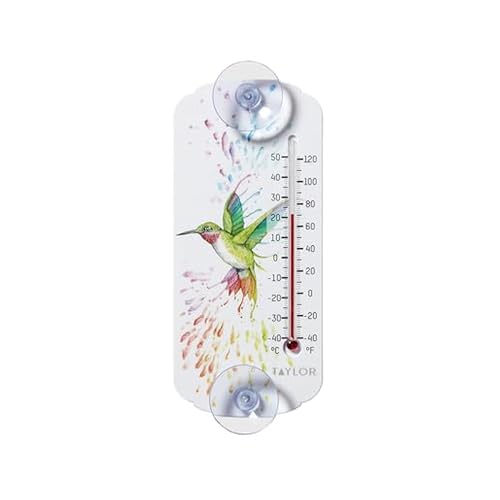 Image of Taylor Rainbow Hummingbird Indoor Outdoor Suction Cup Thermometer, Decor for Patio, Pool, or Garage, Window Thermometer, 8-inch, Multi