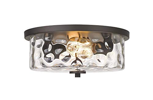 Odeums Indoor Flush Mount Lights, 2-Lights Interior Exterior Ceiling Lights Fixture, Antique Bronze Finish With Clear Hammered Glass #TOP1