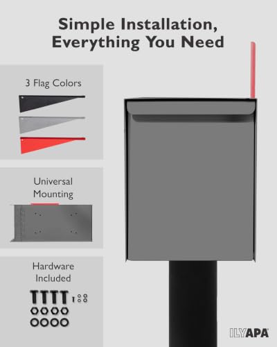 Image of Ilyapa Modern Mailbox for Post Mount - Gray with Gray Door Powder Coated Steel, Waterproof Letter Box for Parcels, with Recessed Magnetic Close Door