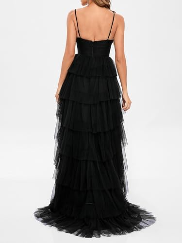 Ball-Gown/Princess Elegant V-Neck Sweep Train Sleeveless Tulle Prom Dresses Evening Dress with Leg Slit 20243