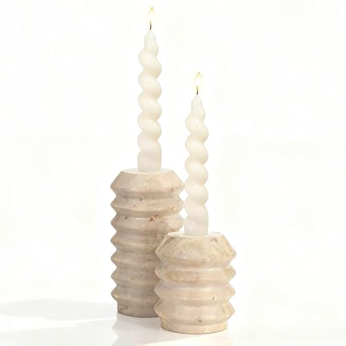 WORHE Candle Holders True Natural Travertine Stone 0.4' Thick, Set of 2 Premium Marble Candlestick Holder for Wedding Dinning Party, Candle Stand for 3/4 inch Thick Candles Color White (ZT002)