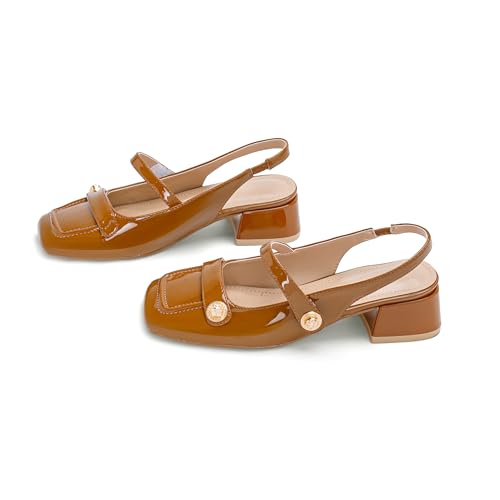 Image of Slingback Mary Jane Heels for Women Low Block Heel Closed Square Toe Pump Shoes Heels Classic Daily Office Dressy Shoes