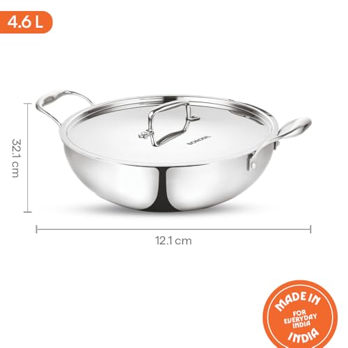 Image of Borosil Cookfresh Tri-ply Stainless Steel Kadhai with Lid | Gas, Induction Compatible | Even Heat Distribution | SS304 Food Grade Steel Wok | Dishawasher Safe Kadai | 5 Year Warranty (4.6 L)