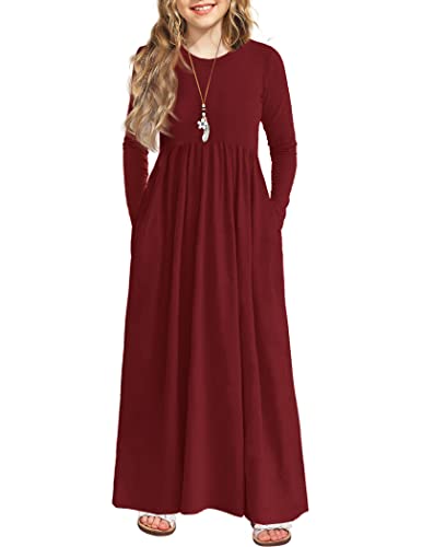 Image of Arshiner Girls Maxi Dress Long /Short Sleeve Casual Holiday Dress with Pockets for 5-13 Years