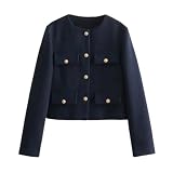 Design : blazer en tweed pour femme, blazer court, col rond, sans col, patte de boutonnage, fermeture à boutons, manches longues, coupe ajustée, poches plaquées sur le devant, design classique et tissus de qualité supérieure en font une pièce incontournable de votre garde-robe.