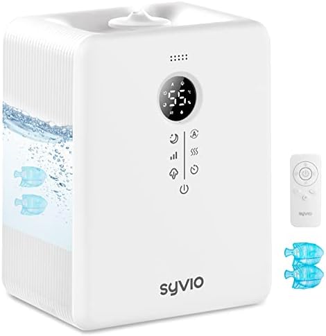 Cool and Warm Mist Humidifiers for Bedroom Large Room, Syvio 6L Top Fill Air Humidifiers for Baby, Plants, Whole House Quick Humidify up to 755 sq.ft, Remote Control, with 1 Fish-Filter, Milky White …