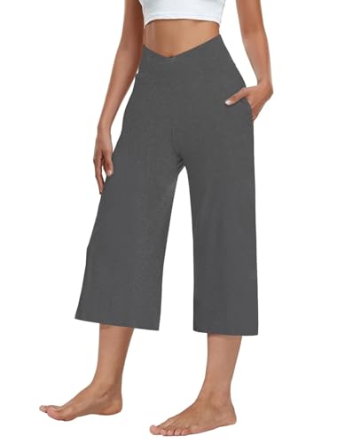 3 PACK Womens Wide Leg Yoga Capris Crossover High Waist Casual Capri Pants Loose Soft Pajama Pockets Sweatpants3