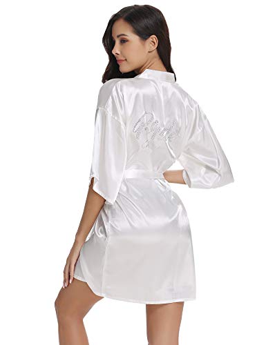 Vlazom Peignoir Satin Femme Robes de Chambre et Kimonos de Mariée Robes de Chambre Soie Court Kimono Col V avec Ceinture,Blanc For Bride (de Retour Dans les Strass),XL