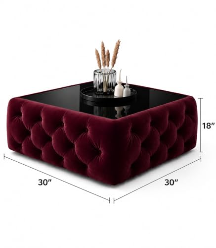 Image of Premium Tufted Upholstered Coffee Table with Mica Top - Modern Square Ottoman Center Table, Soft Velvet Finish, Luxury Living Room Furniture - 30 x 30 x 18 Inch (Maroon)