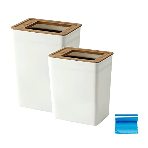 Doxiglobal 2Pcs Slim Plastic Trash Can Set Wastebasket With Wood Lid Rectangular Waste Bin Small Garbage Container White For Home Office Bathroom Kitchen- 2 Gal+2.4 Gallon #TOP30