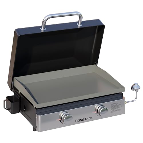 HongTaok 23 Inch Portable Propane Gas Grill with Lid & Stainless Steel Front Plate, Propane Table Top Griddle for Outdoor, Cooking, BBQ, Camping, 2 Burners -  HTK2A-23G-PY