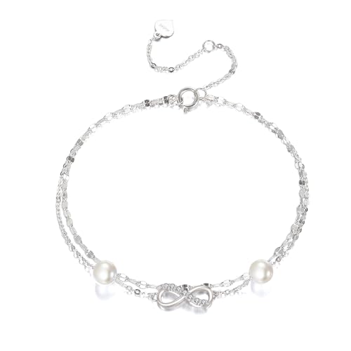 SISGEM 14k White Gold 0.15 Carat Lab Grown Diamond Infinity Anklet, Pearl Layered Ankle Bracelets for Women, 9.4-11 Inches