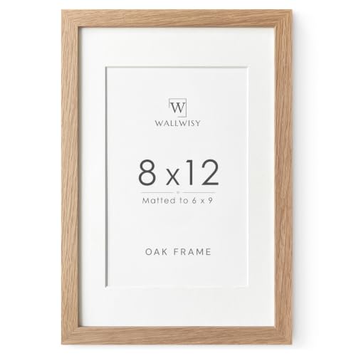 wallwisy 8x12 Picture Frame, Solid Oak Wood 8x12 Frames with Mat to 6x9, 12x8 Natural Oak Frame for Wall and Tabletop Display, Set of 1