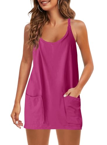 Image of Panadila Womens Summer Sleeveless Mini Dress V Neck Spaghetti Strap Sundress Athletic Short Dress with Pockets