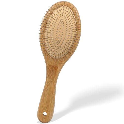 Bamboo Hair Brush, with Metal Bristles - Anti-Static, for Smoothi...