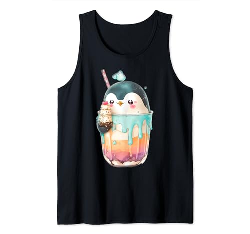 Cute Kawaii Penguin Drinking Bubble Tea Boba Tea Anime Lover Camiseta sin Mangas