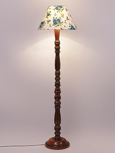 Image of Floor Lamp with Wooden Base - Height 55 inch, Blue Floral | Modern Standing Lamp for Living Room, Bedroom & Office | Stylish & Elegant Home Lighting Decor | Decorative Lamp
