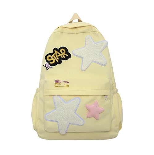 Y2K Cute Star Backpack Teen Girls Kawaii Casual Bookbag Campus Aesthetic Daypack Preppy Bag (Yellow)