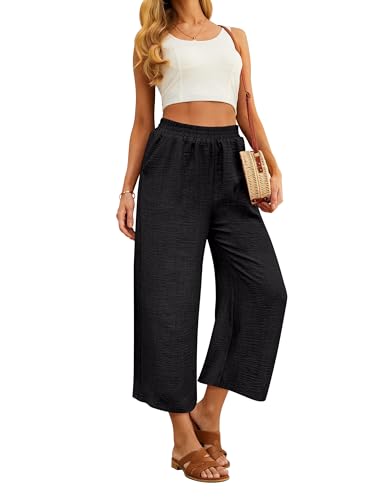 Womens Wide Leg Capri Pants Summer Palazzo Dressy Casual Pant Beach Loose High Waist Lounge Trouser with Pockets2