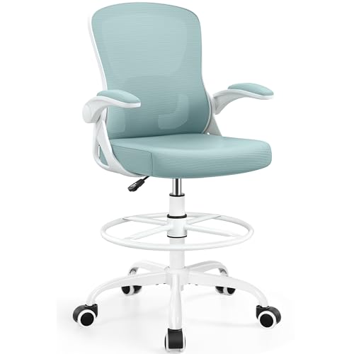 Image of Drafting Chair Tall Office Chair for Standing Desk - Ergonomic Computer Work Stool with Lumbar Support, Flip-up Arms & Foot Ring. for Studio Artist Engineer Gaming Bar Study (Light Blue)