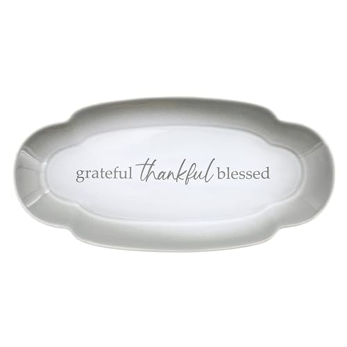 Pavilion Gift Company - Grateful Thankful Blessed - Scalloped Ombre 12" Serving Tray Dish Housewarming Thanksgiving Gift Neutral Serveware Present