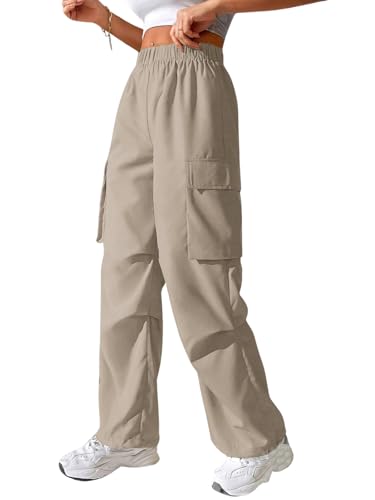 GRECIILOOKS High Waist Cotton Trousers for Women – Flared Parachute Pants with Side Pockets | Casual Travel Cargo Pants