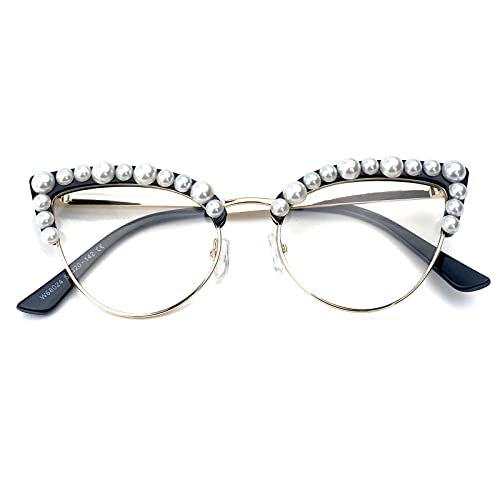 Image of Cat Eye Pearl Blue Light Blocking Glasses for Women Oversize Fashion Diamond bling bling Eyewear
