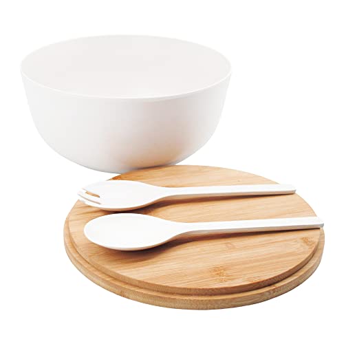 Ecoway Bamboo Salad Bowl With Lid, Bamboo Fiber Serving Bowls Large With Natural Solid Bamboo Lid, Salad Mixing Bowl Set With Servers Set For Salad, Fruits, Vegetables And Pasta (White, 9.8Inch) #TOP1