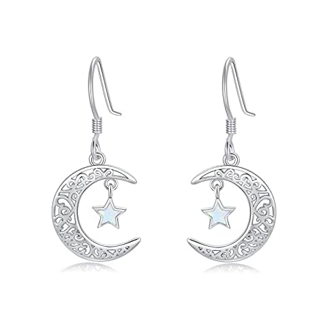 Moon and Star Earrings 925 Sterling Silver Girls' Earrings Opal Hypoallergenic Earrings Jewelry Gift for Women (White) Cover