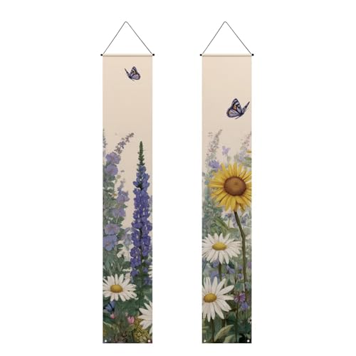 Luarisgur 2 Pcs Spring Summer Welcome Floral Porch Banners Butterfly Flower Hanging Flag Porch Sign for Front Door Wall Porch Banners Spring Decorations Seasonal For Yard Indoor Outdoor Decorations