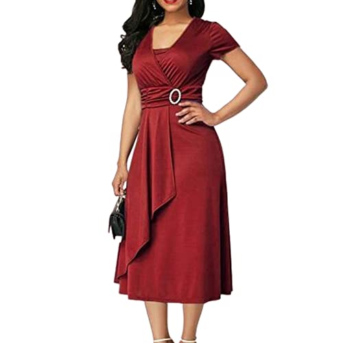 DAYIM Cor feminina, manga curta, gola V, bainha assimétrica, Vermelho, 3G