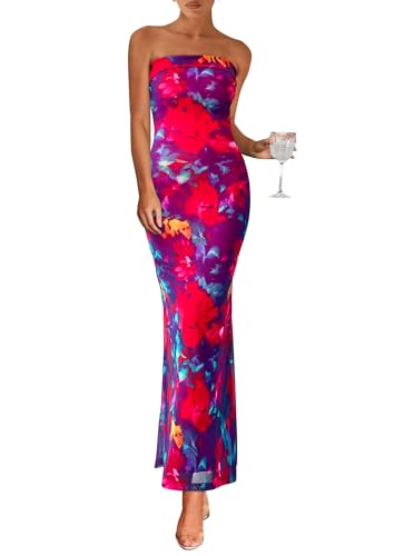 PRETTYGARDEN Womens Summer Printed Tube Maxi Dress Strapless Bodycon Sleeveless Night Out Long Dresses (Navy Red Flower,Small)