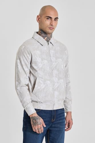 Image of SNITCH Men Casual Jacket | Regular Fit Classic Collar Full Sleeve Leaf Pattern | Cotton Blend Zippered Closure Machine Washable