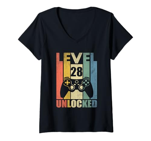 Mujer Nivel 28 Desbloqueado Cumpleaños 28 28 Años Videojuego de cumpleaños Camiseta Cuello V