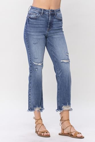 Judy Blue High Waisted Destroyed Cropped Straight Jeans for Women's Distressed Destroyed Straight Leg Denim with Frayed Hem2