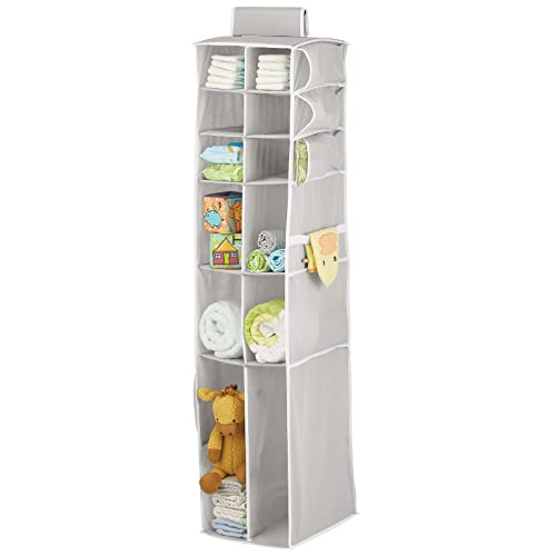 Image of mDesign Long Fabric Hanging Organizer, Over Closet Rod Storage, 12 Shelves/Side Pockets for Nursery Bedroom Organization - Hold Clothes, Linens, Toys, Accessories - Jane Collection - Light Gray/White