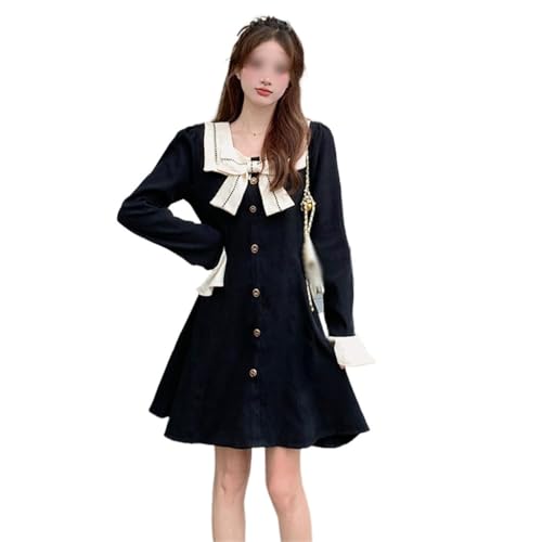 BUKODAZ Vestido de Manga Larga con Cuello Cuadrado y Lazo de Talle Alto for Mujer Falda Larga Acampanada Coreana(Medium)