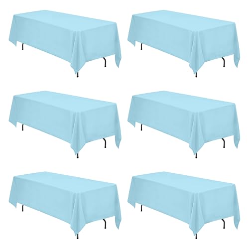 Image of BRILLMAX 6 Pack Light Blue Tablecloths 70 x 120 Inch for 6ft & 8ft Rectangle Tables - 150 GSM Polyester Fabric, Universal Fit, Water, Stain & Wrinkle Resistant Cloth Cover for Wedding Banquet