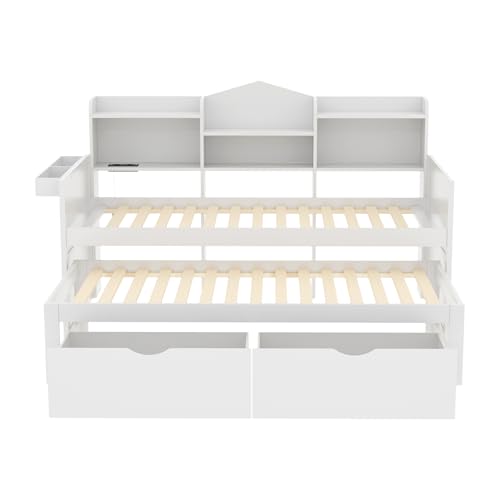 REXO Sofá cama 90 x 200, cama nido 90 x 190 cm, con dos cajones, gran compartimento de almacenamiento y cesta de almacenamiento, enchufe USB, cama individual de madera, color blanco - imagen 5