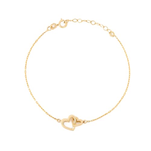 Gelin 14K Solid Gold Interlocking Heart Bracelet for Women | Double Heart Bracelet | 14k Gold Heart Bracelet | Love Bracelet | Adjustable Solid Gold Chain, 6+1 inch