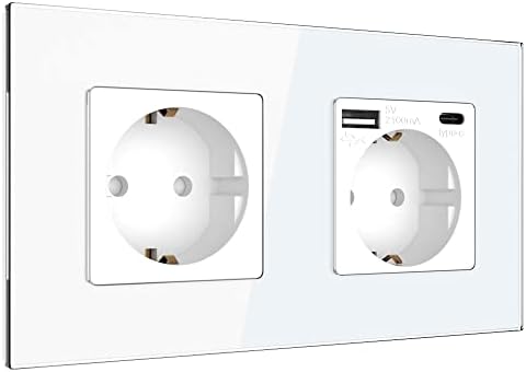 PULSAR USB-C USB-A Steckdose Unterputz Glas Weiß 2-Fach, Schnellladen | Steckdose USB-C USB-A 2-Fach Glas Weiß - Doppelsteckdose Unterputz mit 2 USB-Schnittstellen max 20W Schnelll