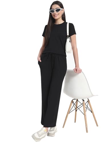 Image of Vogaan Women's Summer 2 Piece Co-Ord Set for Women Casual Short Sleeve Crop Top Wide Leg Sweat Pants for Travel Vacation Outfits Lounge Sets